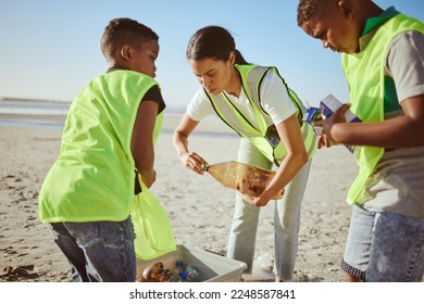 Plastic bottle, beach and woman with children recycling, cleaning and learning, education and community for pollution. Mother or teacher with kids and recycling teamwork, project goals and earth day - Powered by Shutterstock