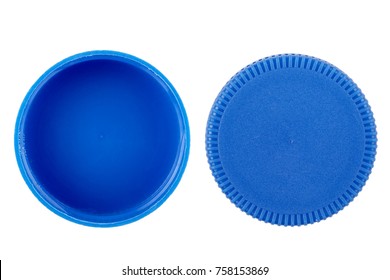 Plastic bottle caps isolated against a white background. of blue color