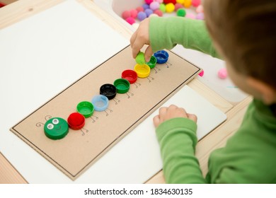 Plastic Bottle Caps Worm. Put Correct Color Pom Poms In Centipede Caterpillar. 5 Minute Carfts. DIY Children Home Activity. Early Education, Fine Motoric Skills. #stay At Home.