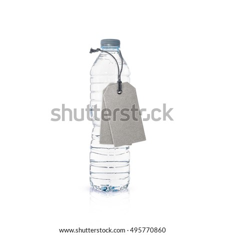 Plastic bottle of drinking water and tags isolated on white