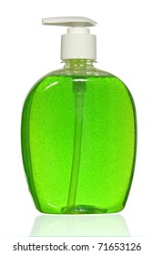 Plastic Bottle With Green Liquid Soap On A White Background
