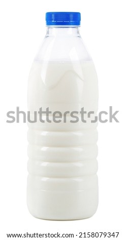 Plastic bottle with milk, isolated on white background. Milk bottle with blue lid