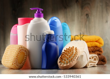 Plastic bottles of body care and beauty products. Stockfoto © 