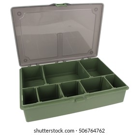 Plastic Box For Fishing Tackle On An Isolated White Background