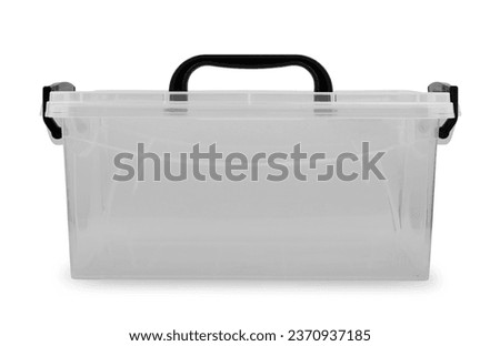 Plastic box packaging of finished goods product on white backgro