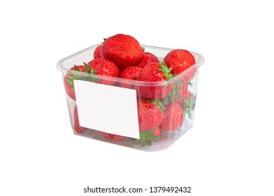 Plastic Box Of Strawberries And White Label Isolated On White