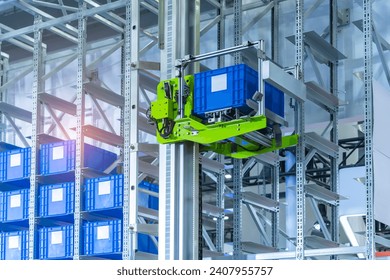 plastic boxes in the cells of the automated warehouse. Metal construction warehouse shelving - Powered by Shutterstock