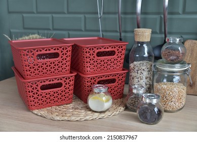 Plastic Boxes On The Kitchen Table. Food Storage Boxes.