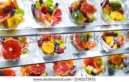 Plastic boxes with pre-packaged fruit salads, put up for sale in a commercial refrigerator