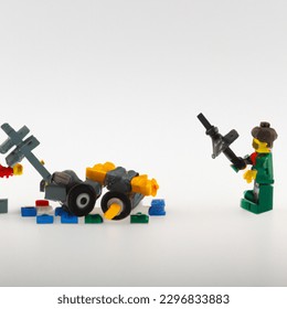 Plastic bricks 3D image of war as a joke - Shutterstock ID 2296833883