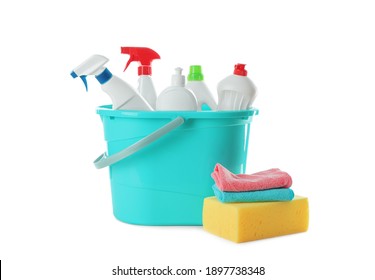 Plastic bucket and different cleaning supplies on white background