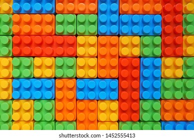 Plastic Building Blocks Pattern Background, Colorful Toy Bricks For Kid, Top View