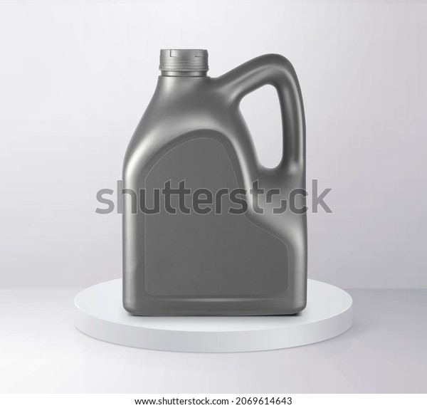 Plastic canister for machine oil on Shiny white\
round pedestal podium