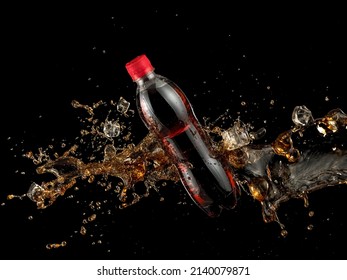 Plastic cola bottle splash with ice cubes on black background