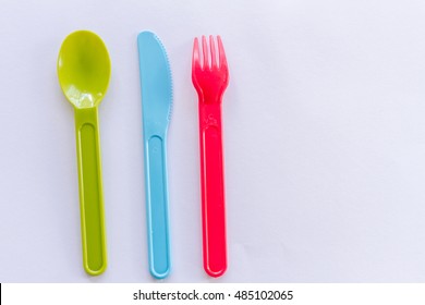 Plastic Colorful Cutlery - Spoon, Fork And Knife - For Kids Over White