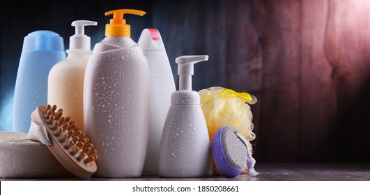 Plastic contaiers of shampoos and shower gels
