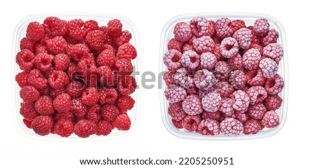 Plastic container with raw and frozen raspberry. Top view of fruits isolated on white background. Preparing vegetables for freezing. Storage for winter storage in trays