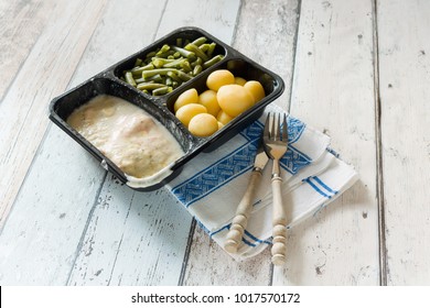 Plastic Container With Unhealthy And Unappealing Tv Dinner