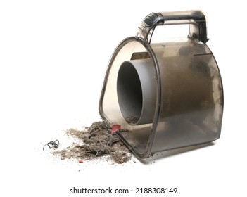 Plastic Container From Vacuum Cleaners And Trash, Dust Pile Isolated On White 