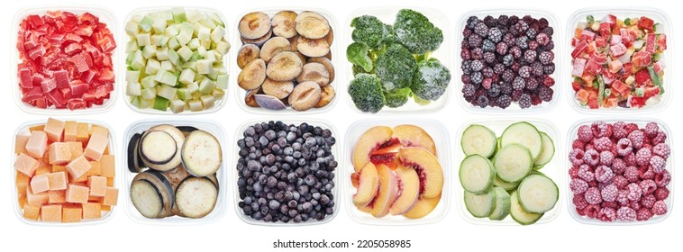 Plastic Containers With Chopped Vegetables. Top View Of Frozen Vegetables And Fruits Isolated On White Background