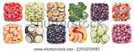 Plastic containers with chopped vegetables. Top view of frozen vegetables and fruits isolated on white background