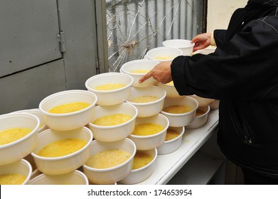 Plastic Containers With  Food. Soup Kitchen.