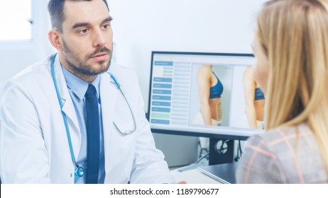 Plastic / Cosmetic Surgeon Talks With Female Patient About Her Future Procedure. His Monitor Shows Before And After Results Of Liposuction. World Famous Plastic Surgery Clinic.