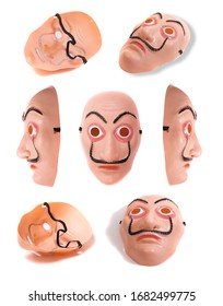 Plastic Costume Face  Mask In Several Angles Isolated On A White Background.