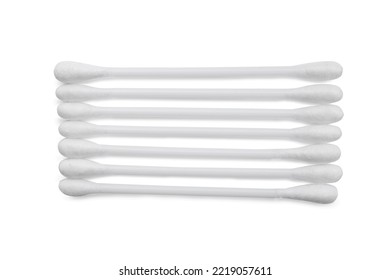 Plastic Cotton Buds On White Background, Top View