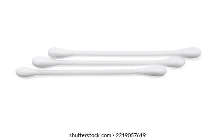 Plastic Cotton Buds On White Background, Top View