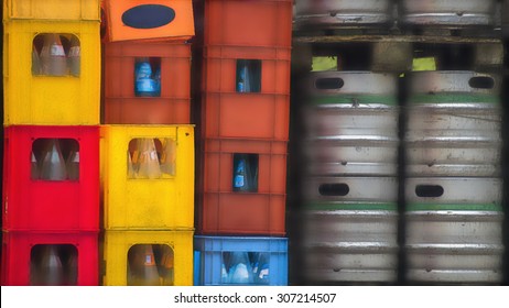 Plastic Crates Of Empty Bottles Tin Kegs Of Beer, Soft Effect