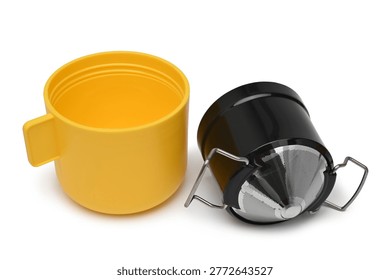 Plastic cup with drip coffee filter on white background