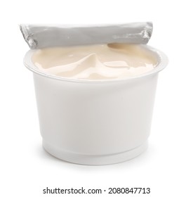 Plastic Cup Of Tasty Yogurt On White Background