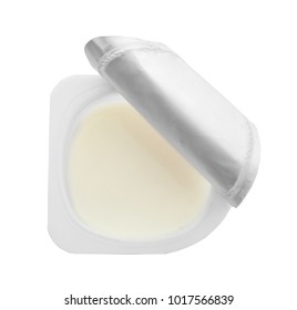 Plastic Cup With Yogurt On White Background