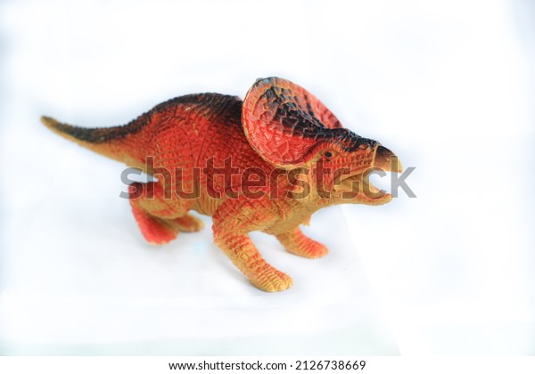 plastic dinosaur toy with isolated white\
background, commonly used as a tool to introduce ancient animal\
species to children\
TRICERATOPS
