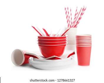 Plastic Dishware Isolated On White. Picnic Table Setting