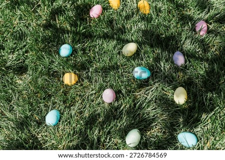 Plastic Easter eggs laying in the green grass.