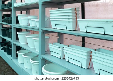 Plastic flower pots on the shelf in the warehouse, 