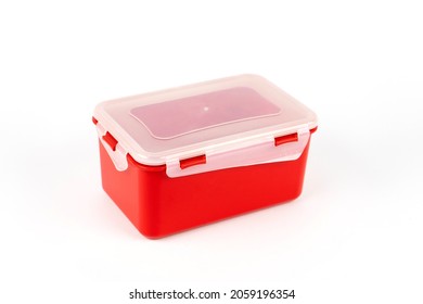 Plastic Food Container Red Color Isolated On White Background. Side View