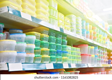 Plastic Food Containers On The Shelf In The Store