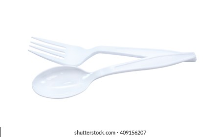 Plastic Fork And Spoon Isolated On White Background