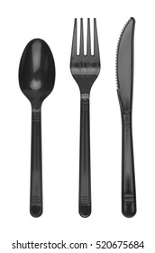 Plastic Fork, Spoon And Knife Isolated On White.