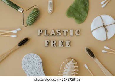 PLASTIC FREE Text Around Natural Skin Care Products On Neutral Beige Background, Flat Lay. Concept Of Organic, Zero Waste, Eco Friendly Cosmetics Spa Background Sustainable Lifestyle Earth Tones