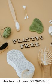 PLASTIC FREE Text Around Natural Skin Care Products On Neutral Beige Background, Flat Lay. Concept Of Organic, Zero Waste, Eco Friendly Cosmetics Spa Background Sustainable Lifestyle Earth Tones