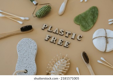 PLASTIC FREE Text Around Natural Skin Care Products On Neutral Beige Background, Flat Lay. Concept Of Organic, Zero Waste, Eco Friendly Cosmetics Spa Background Sustainable Lifestyle Earth Tones