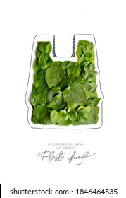 Plastic Free.Ecological Poster. Say NO To Plastic And Polyethylene Bags. Ban Plastic Pollution.
Biodegradable Bag, Made With Green Sprout And Leaves. Zero Waste And Sustainable Lifestyle. Think Green.