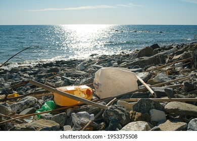 Plastic Fuel Tank Discarded On Contaminated Sea Coast Ecosystem,environmental Waste Pollution 