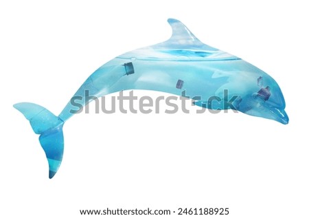 Plastic garbage in ocean and dolphin, double exposure. Environmental pollution