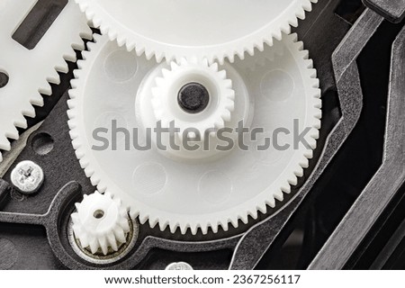 Plastic gears, gear drive mechanism, close-up, full depth of field