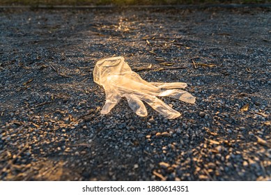 Plastic Gloves From A Supermarket Abandoned On The Ground In A Park, Polluting.